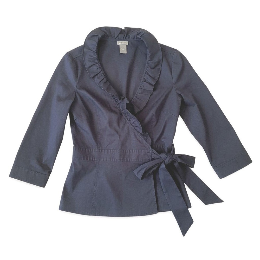 Ann Taylor NAVY‎ BLUE Ruffle Wrap Top 3/4 Sleeve Cotton Lycra Size 0 Workwear